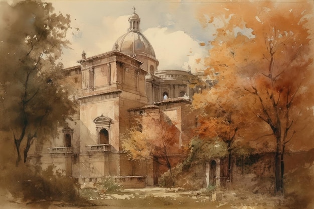 Watercolor painting of an ancient monumental palace