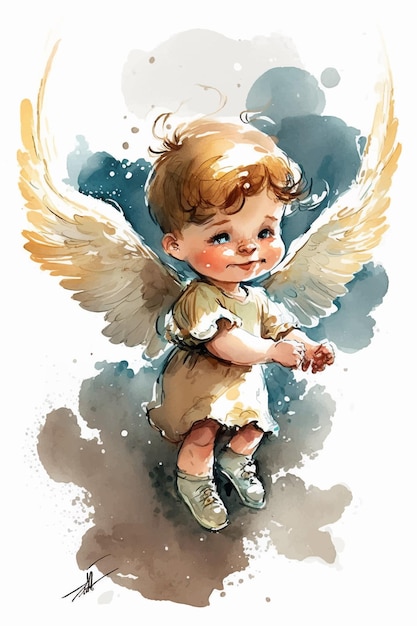 A watercolor painting of a angel with wings and a blue heart on the left.