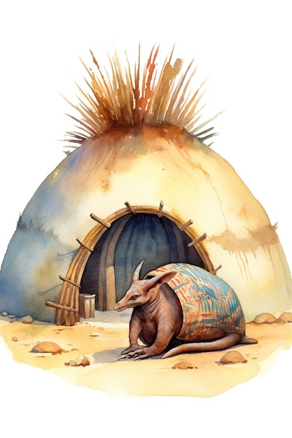 A watercolor painting of an animal in front of a hut Generative AI image