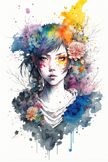 Акварельная живопись портрет девушки в стиле аниме с яркими цветочными волосами