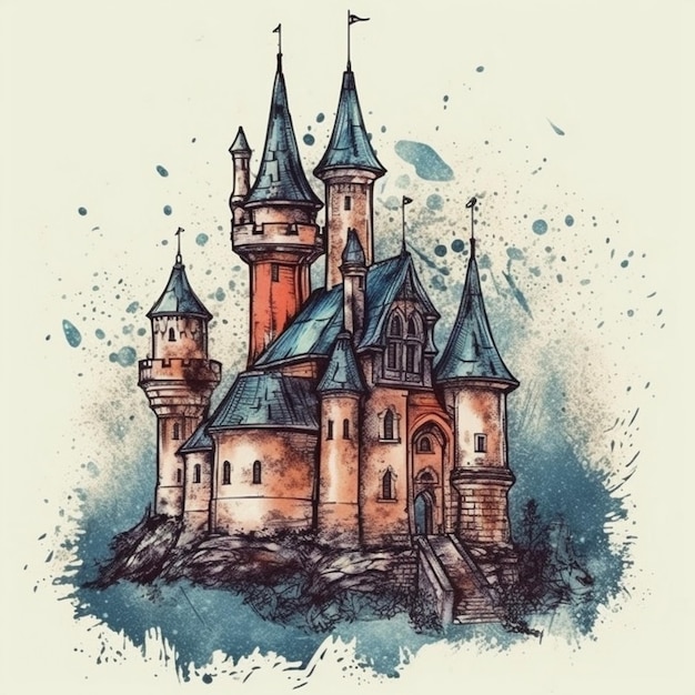 Watercolor painting of an antique castle