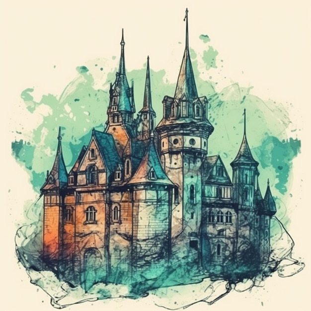 Watercolor painting of an antique castle