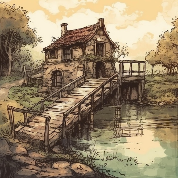 Watercolor painting of an antique old house