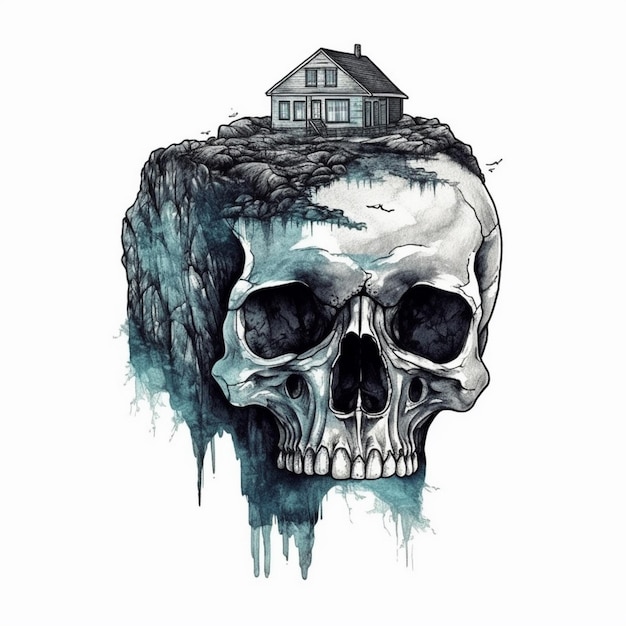 Watercolor painting of an antique skullshaped house