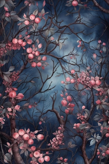 Watercolor painting of apple tree branches with red apples on blue sky background