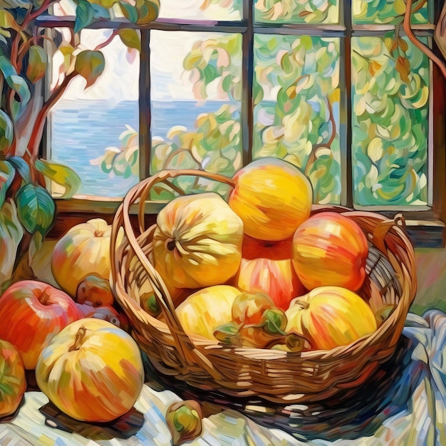 Watercolor painting of apples in a basket on the windowsill