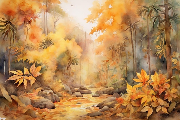 Watercolor painting of autumn forest with yellow leaves and water stream