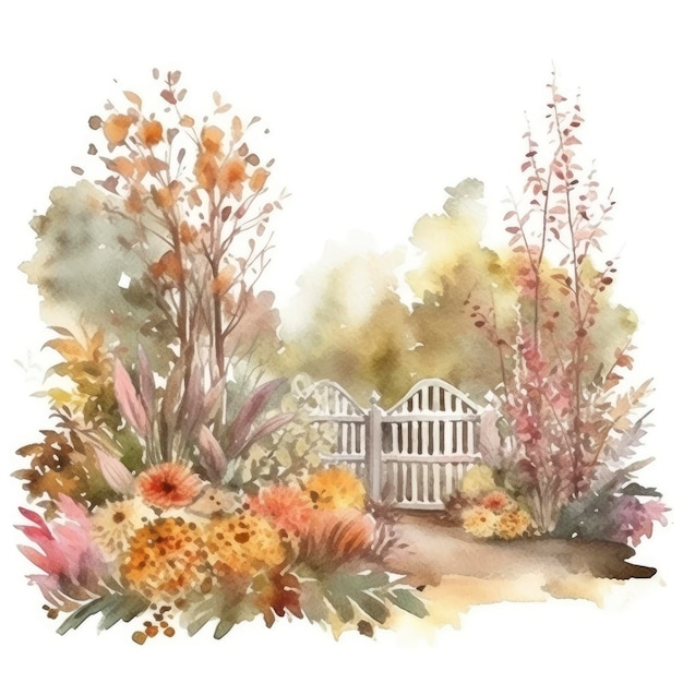 Watercolor painting of an autumn garden