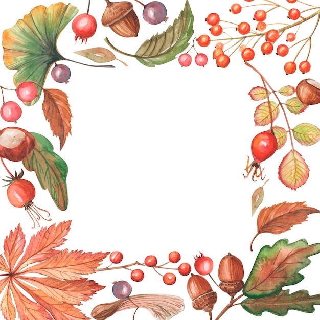 A watercolor painting of autumn leaves and berries.