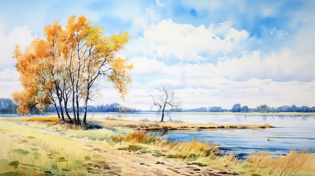 Watercolor Painting Of Autumn Trees On A River