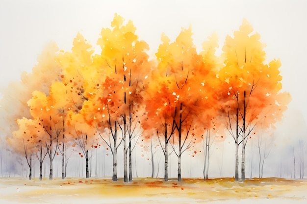 秋の木々の水彩画