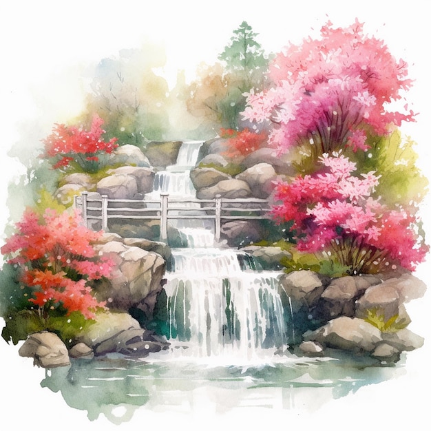 Photo watercolor painting of azalea flower garden