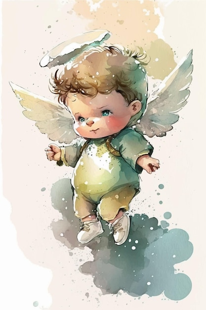 Photo a watercolor painting of a baby angel with wings and a halo.