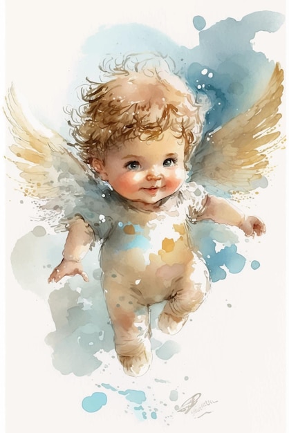 Photo a watercolor painting of a baby angel with wings.