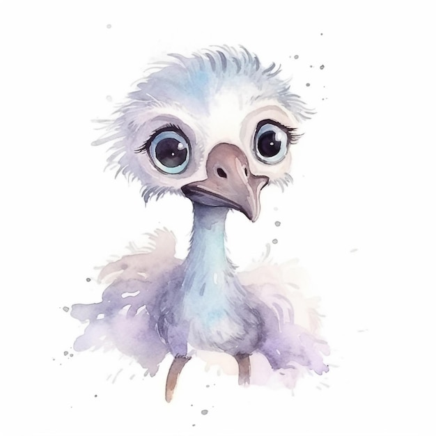 A watercolor painting of a baby bird with big eyes.