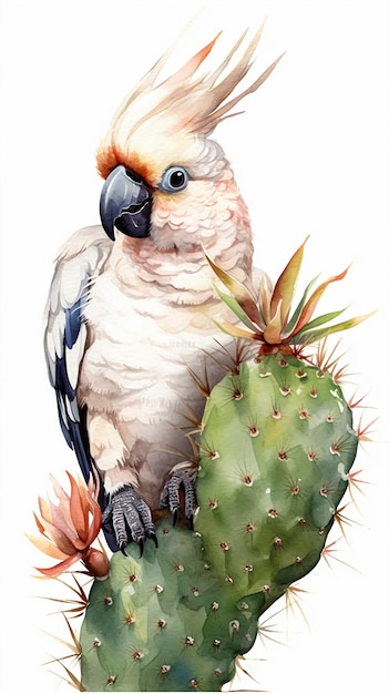 Watercolor painting of a baby cockatoo with a little plant Generative AI