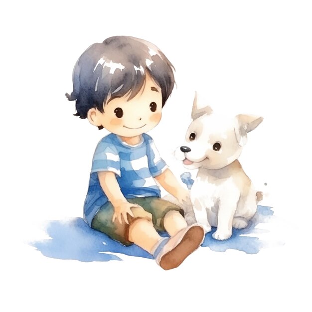 赤ちゃんと犬の水彩画