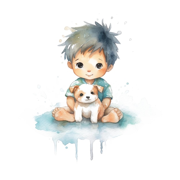 Watercolor painting of a baby and a dog