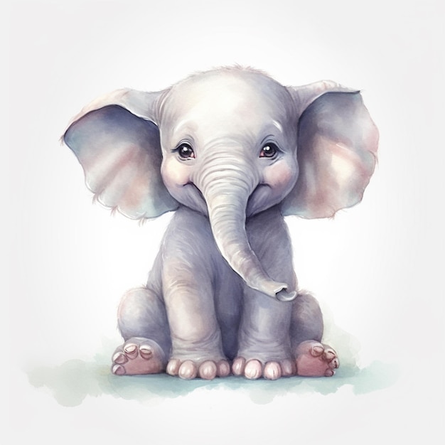 A watercolor painting of a baby elephant with a big nose.