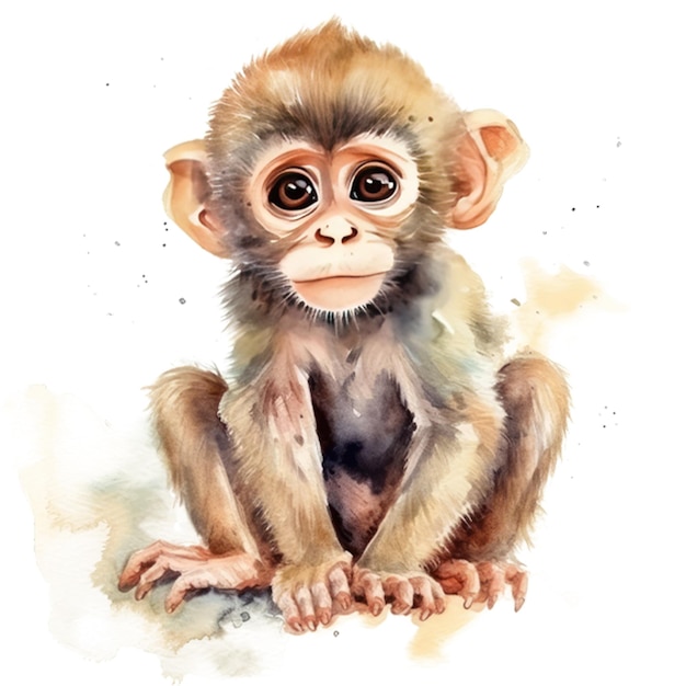 A watercolor painting of a baby monkey