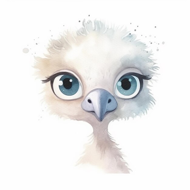 A watercolor painting of a baby ostrich with blue eyes.