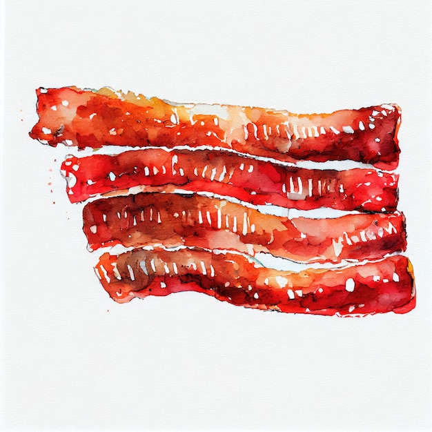 A watercolor painting of bacon with the word bacon on it.