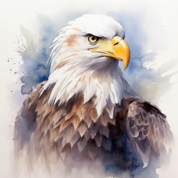 A watercolor painting of a bald eagle with a yellow beak.