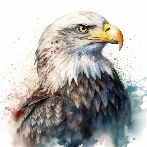 A watercolor painting of a bald eagle with a yellow eye.