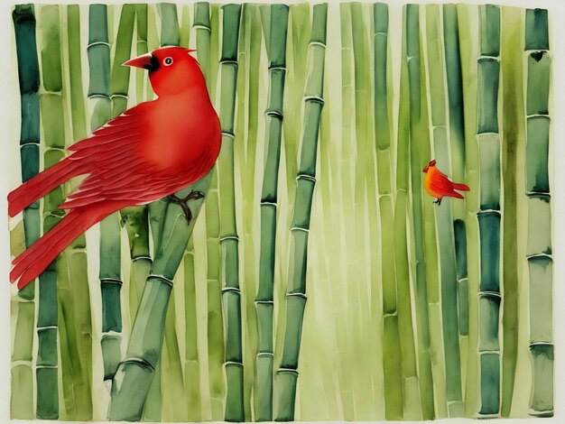 Photo watercolor painting of a bamboo forest with a red bird on the top ai generated