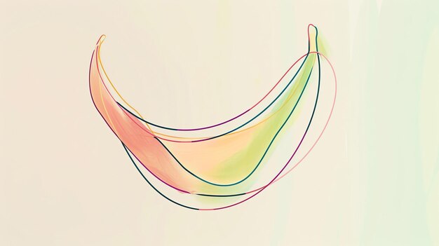 바나나의 수채화 그림: 바나나는 그 모양과 색을 암시하는 몇 가지 간단한 선으로 간단한 만화 스타일로 묘사되어 있습니다.