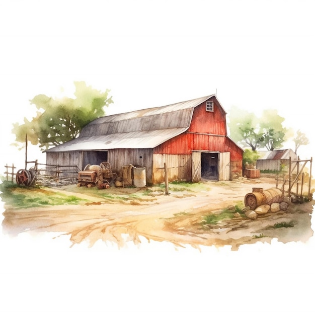 A watercolor painting of a barn with a tin roof