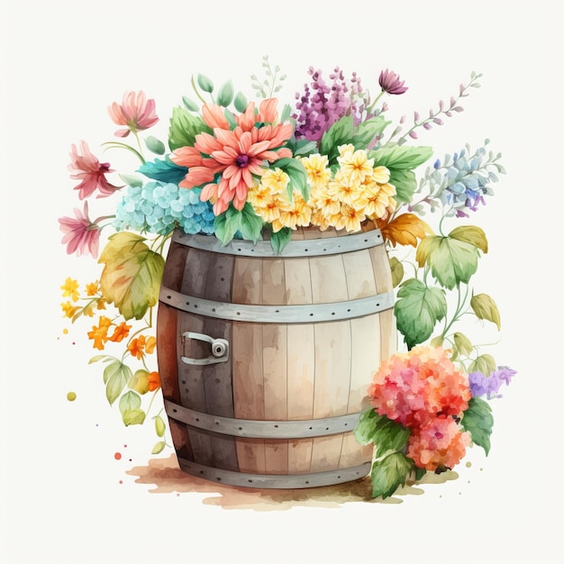 A watercolor painting of a barrel with flowers and leaves.