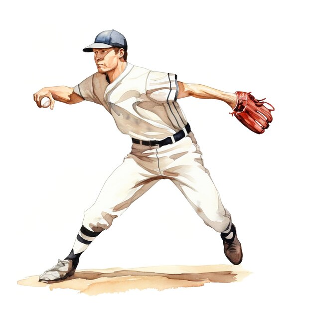 A watercolor painting of a baseball pitcher in a midwindup