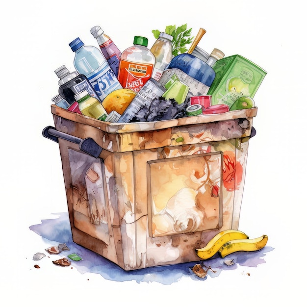 A watercolor painting of a basket of food with a banana and a bottle of soda.