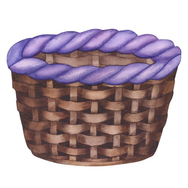Photo a watercolor painting of a basket with purple fabric.