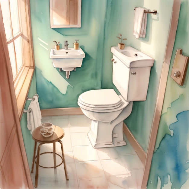 watercolor painting of a bathroom