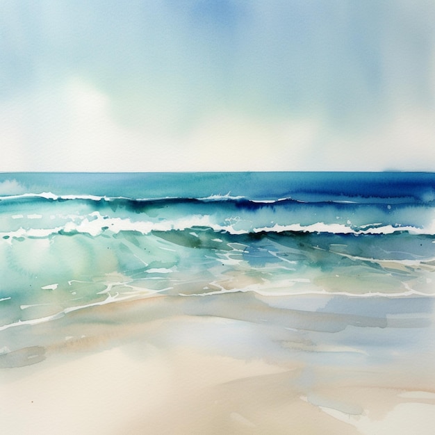 Watercolor painting of the beach and ocean