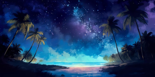 Watercolor painting of a beach scene at night with palm trees and a starry sky Generative AI