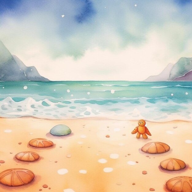 Photo a watercolor painting of a beach scene with a teddy bear on the sand.