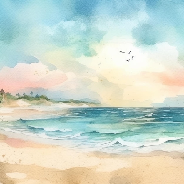Акварельная живопись пляжа с пляжем и небом на заднем плане