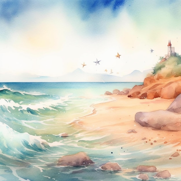 Акварельный рисунок пляжа с маяком на берегу.