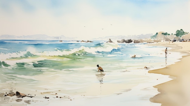 Photo watercolor painting of beach with rocks