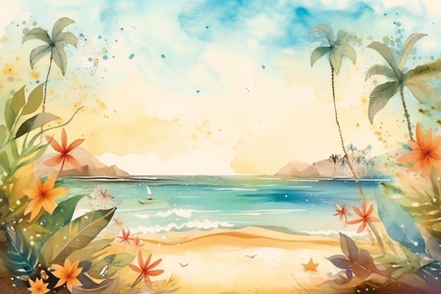 A watercolor painting of a beach with a tropical island and a palm tree.