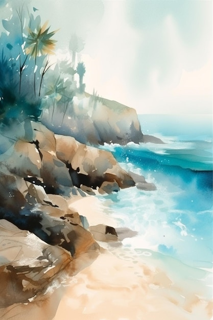Watercolor painting of a beach