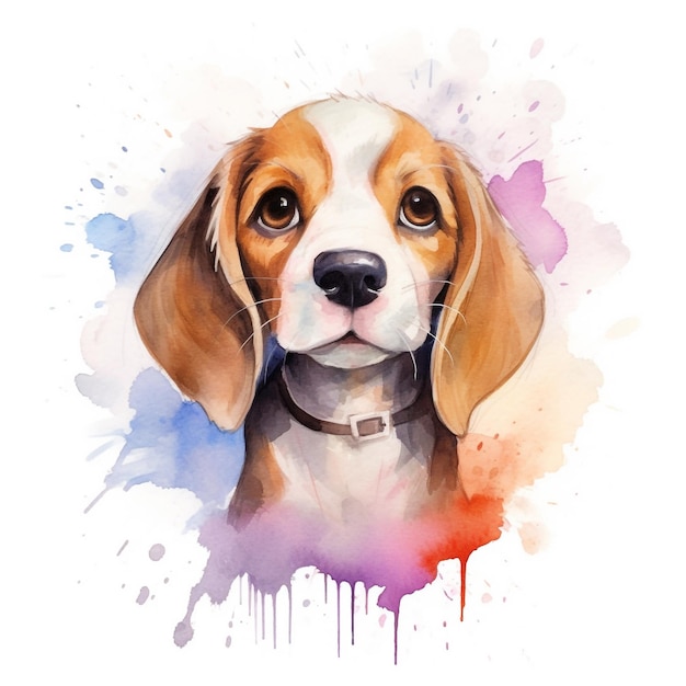 Watercolor painting of a beagle dog with a blue and orange background.