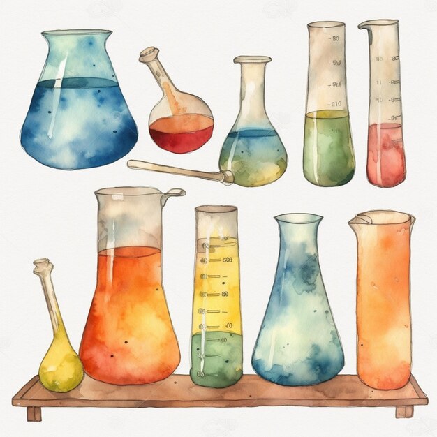 A watercolor painting of a beaker with different liquids.