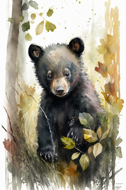 A watercolor painting of a bear cub