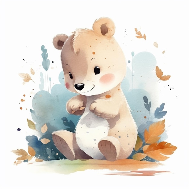 A watercolor painting of a bear in a garden