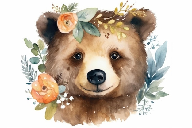 Watercolor painting of a bear with flowers