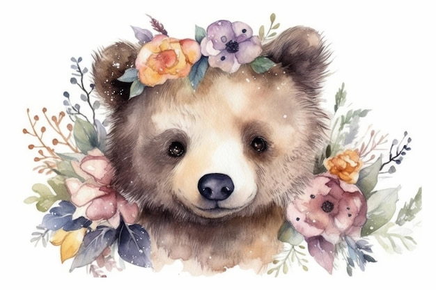 A watercolor painting of a bear with flowers.